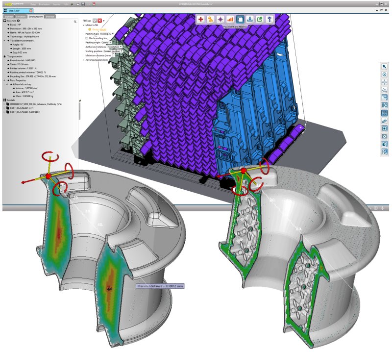 Die Nesting-Funktion der 3D-Druck-Software nutzt KI zur Optimierung der Bauteile (Bild: CoreTechnologie).