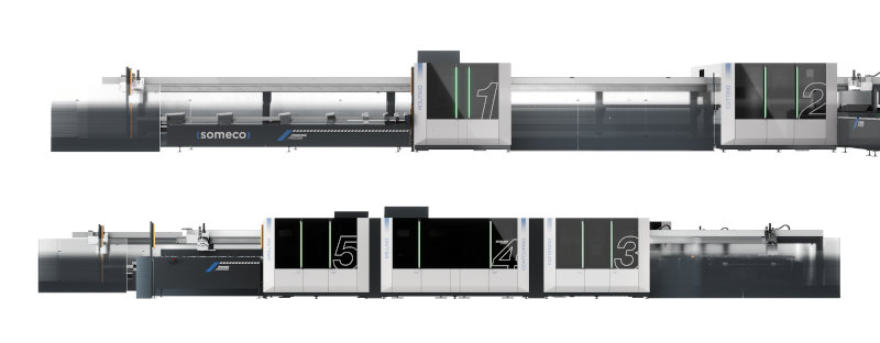 Oben Linie 1, bestehend aus einem PVC-Bearbeitungs- und Sägemodul, unten Linie 2, bestehend aus der Schraubstation und Stationen zur Folgebearbeitung von Profilen mit Stahlverstärkung (Bilder: Elumatec).