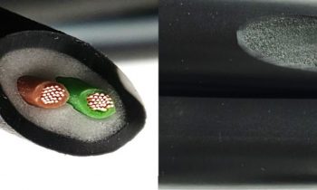 Sensordatenkabel mit geschäumter Ummantelung sowie ein A-B-Mantel mit einer dünnen Außenschicht, der das Potenzial für Ummantelungsanwendungen bei Daten- und Stromkabeln zeigt (Bild: Promix).