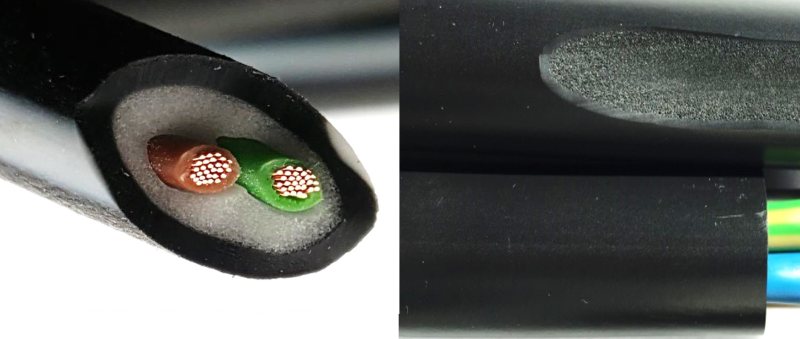 Sensordatenkabel mit geschäumter Ummantelung sowie ein A-B-Mantel mit einer dünnen Außenschicht, der das Potenzial für Ummantelungsanwendungen bei Daten- und Stromkabeln zeigt (Bild: Promix).
