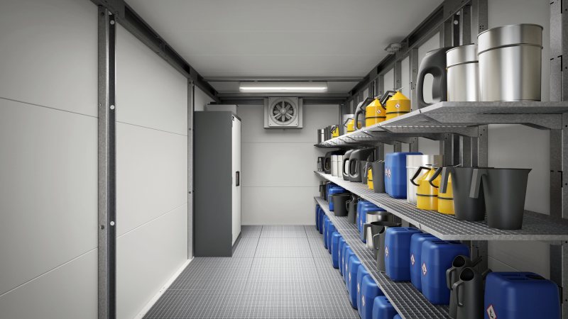 Sicher und durchdacht: Das Gefahrstofflager bietet bestmögliche Lagerbedingungen für Gefahrstoffe (Bild: Denios).