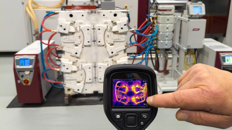 Das Assistenzsystem ist nur auf der rechten Werkzeughälfte aktiviert. Das Thermografiebild zeigt die homogene Wärmeverteilung und das schnellere Aufheizen (Bild: Wittmann).