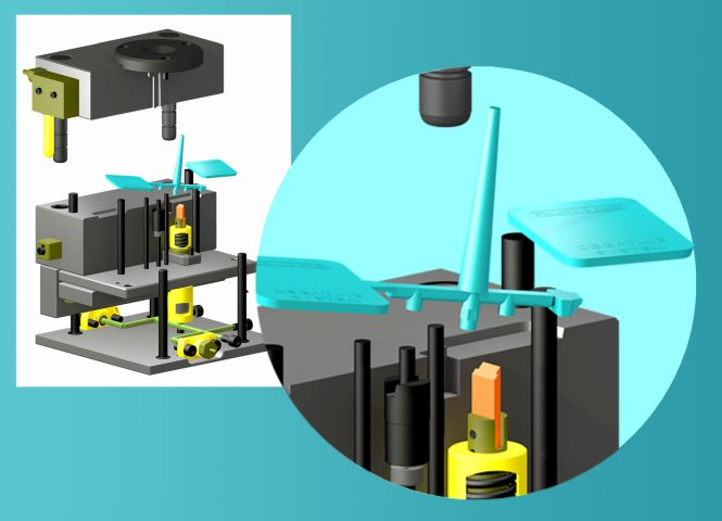Das Cutter-Messer trennt Angüsse während des Entformens automatisiert und präzise positioniert ab (Bild: i-mold).