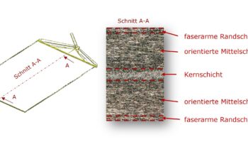 Darstellung der Faserverteilung im Querschnitt einer Platte (Bild: Kunststoff-Institut Lüdenscheid).