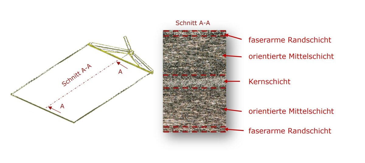 Darstellung der Faserverteilung im Querschnitt einer Platte (Bild: Kunststoff-Institut Lüdenscheid).