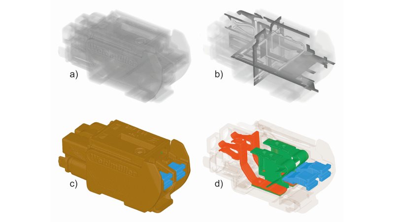 (a) Volumen eines Steckverbinders, (b) Volumenschnitte, (c) Punktewolke der Kunststoffumhausung und (d) Punktewolken für die verschiedenen Metallkomponenten (Bild Werth).