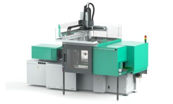 Elektrischer »Allrounder 1800 e Trend« mit Robotersystem zur automatisierten Fertigung von LSR-Verschlüssen (Bild: Arburg).