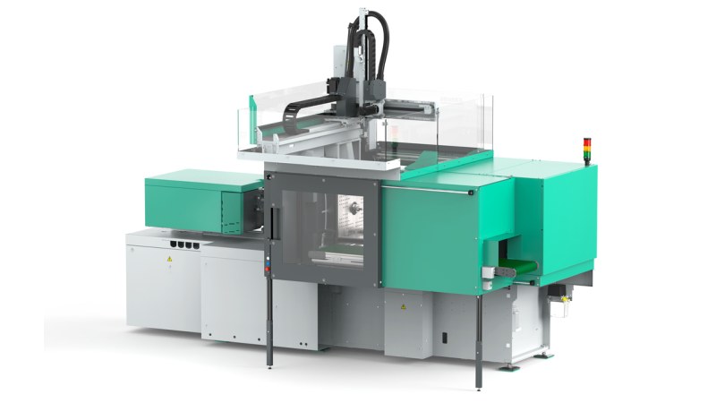 Elektrischer »Allrounder 1800 e Trend« mit Robotersystem zur automatisierten Fertigung von LSR-Verschlüssen (Bild: Arburg).