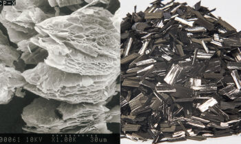 Links: Grafit kann als Füllstoff in Thermoplasten mit plättchenförmiger Struktur das Reibungs- und Verschleißverhalten beeinflussen.(Bild: Nippon Graphite Industries). Rechts: Geschnittene Fasern als Post-Consumer-Rezyklat sind eine ressourcenschonende Alternative zu Neuware (Bild: Nippon Polymer Sangyo).