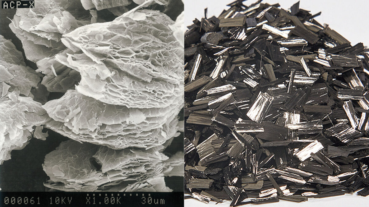 Links: Grafit kann als Füllstoff in Thermoplasten mit plättchenförmiger Struktur das Reibungs- und Verschleißverhalten beeinflussen.(Bild: Nippon Graphite Industries). Rechts: Geschnittene Fasern als Post-Consumer-Rezyklat sind eine ressourcenschonende Alternative zu Neuware (Bild: Nippon Polymer Sangyo).